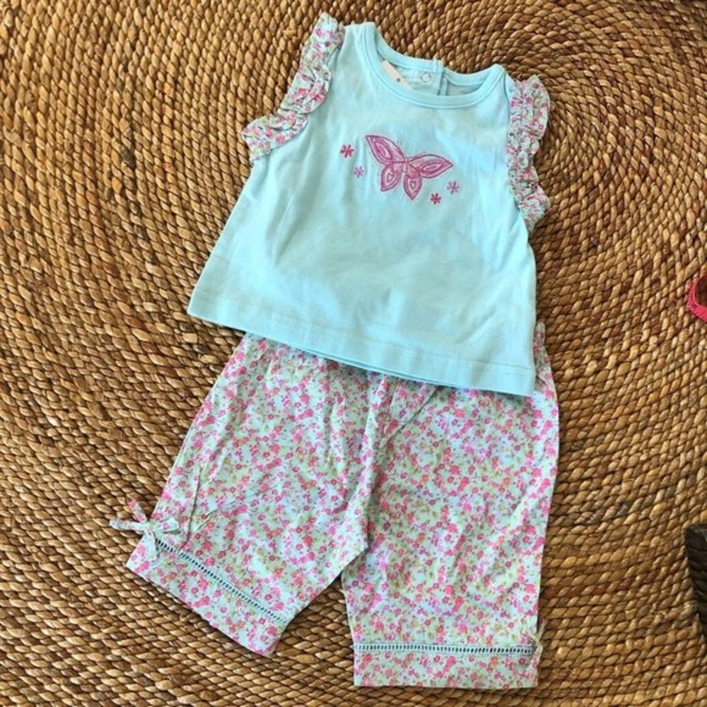 New 12 Mo Butterfly Ruffle Tee Embroidery Floral Bottoms Infant Girls‎ 2 Piece